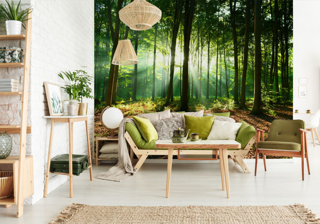 Fotografická tapeta s lesem v obývacím pokoji