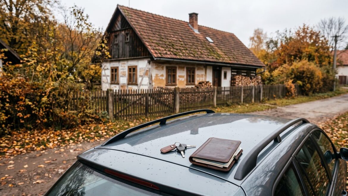 Klíče a doklady od auta na střeše vozu před vesnickým domem