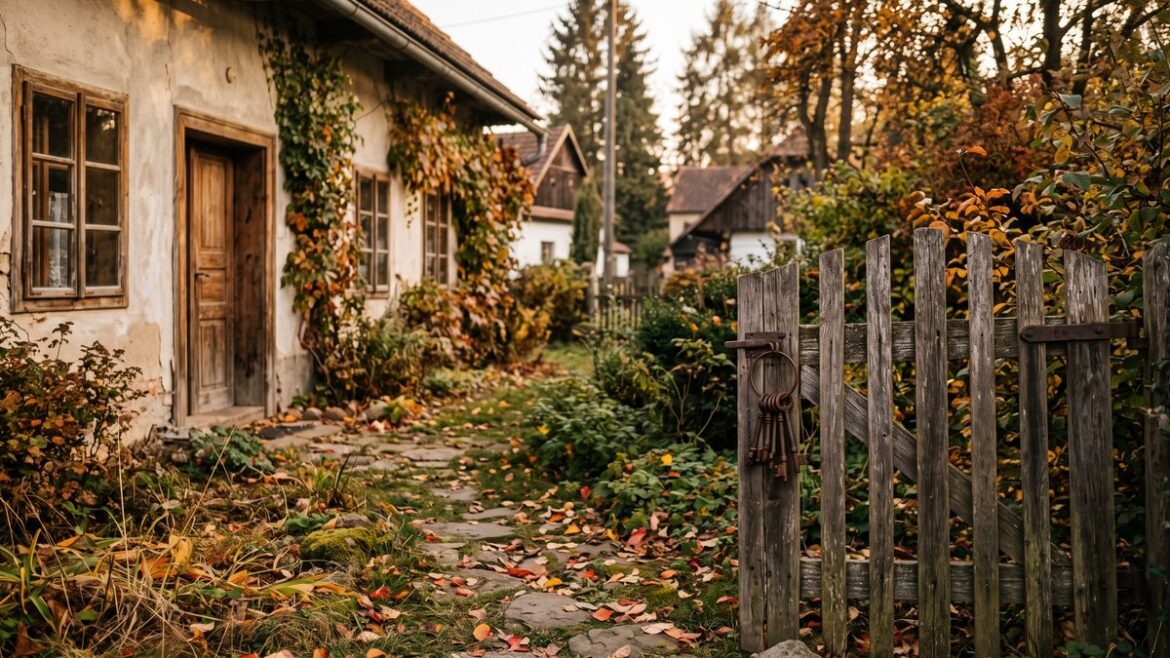 Starý rodinný dům se zahradou na podzim a svazek klíčů na dřevěné brance