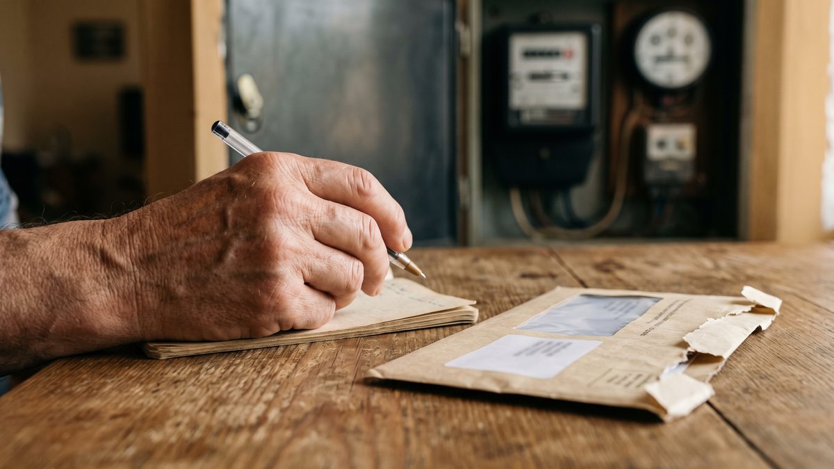 Starší muž si u elektroměru zapisuje stav do sešitu