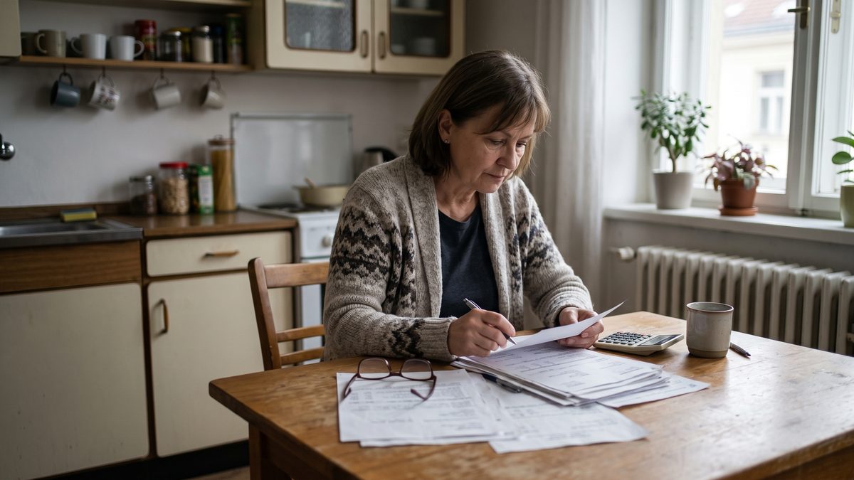 Starší žena u kuchyňského stolu prochází doklady k hypotéce s kalkulačkou