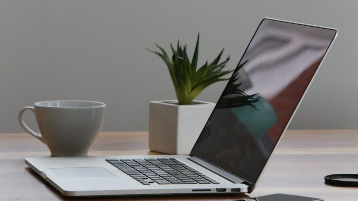 Otevřený notebook na stole vedle hrnku a rostliny