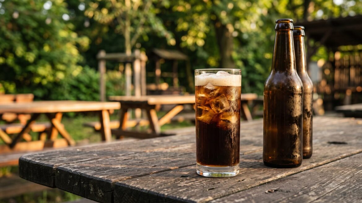 Sklenice tmavé limonády s ledem a hnědé lahve na dřevěném stole na zahrádce