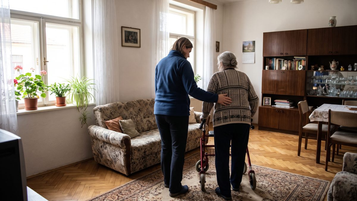 Pečovatelka pomáhá starší ženě s chodítkem v obývacím pokoji