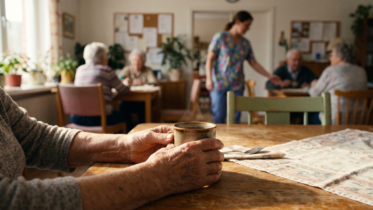 Ruce seniorky s hrnkem kávy u stolu v denním stacionáři