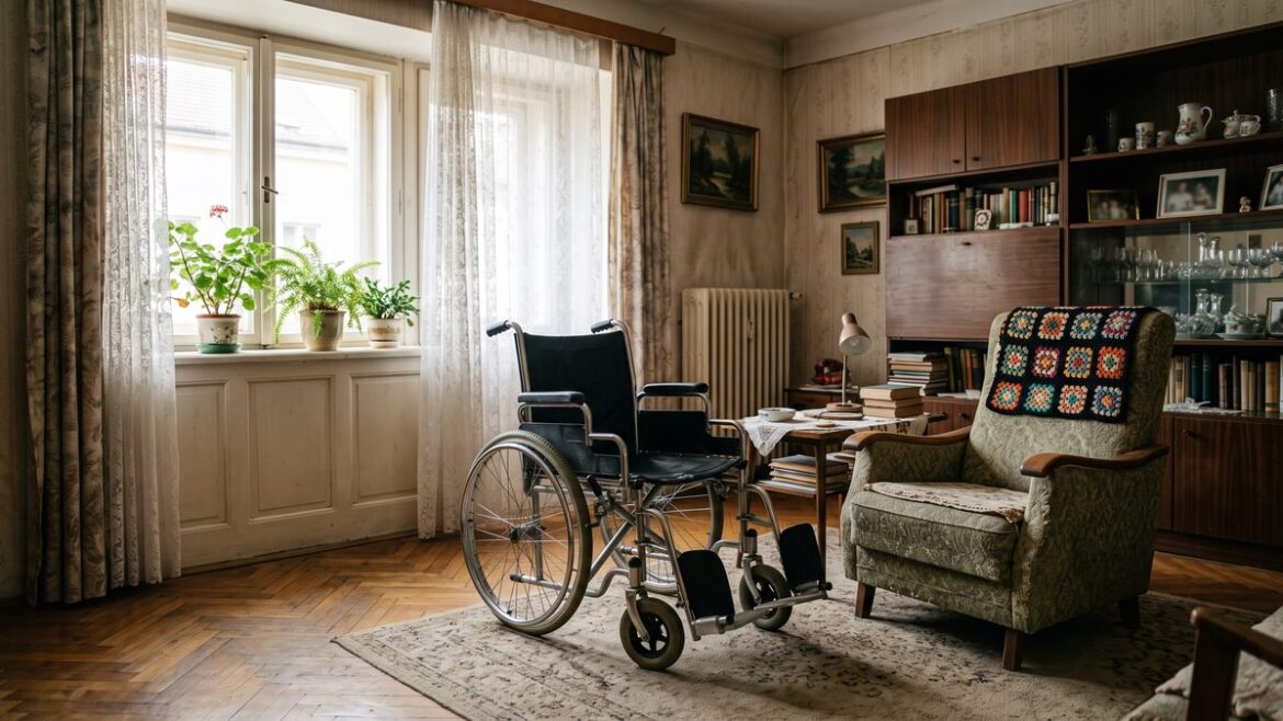 Mechanický invalidní vozík v obývacím pokoji staršího bytu