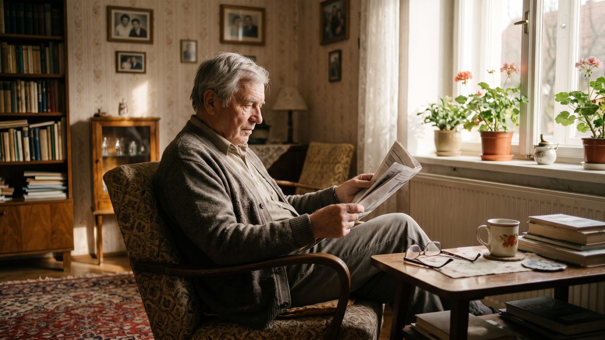 Senior s brýlemi na stolku čte noviny u okna po operaci šedého zákalu