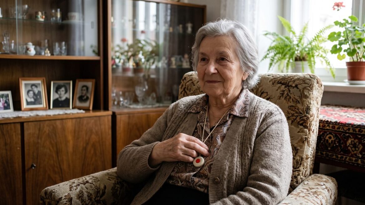 Seniorka v křesle s tísňovým tlačítkem na šňůrce kolem krku
