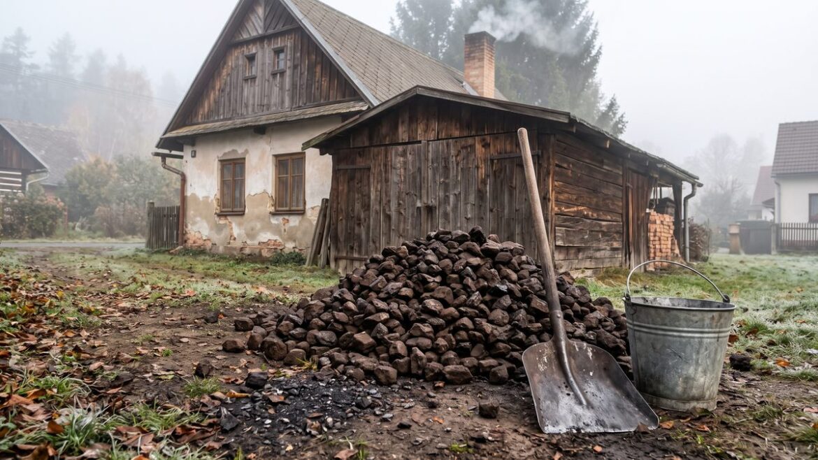 Hromada hnědého uhlí u kůlny rodinného domu