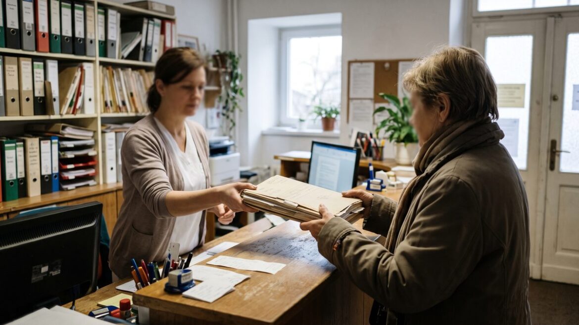 Sestra v ordinaci podává pacientce složku se zdravotní dokumentací