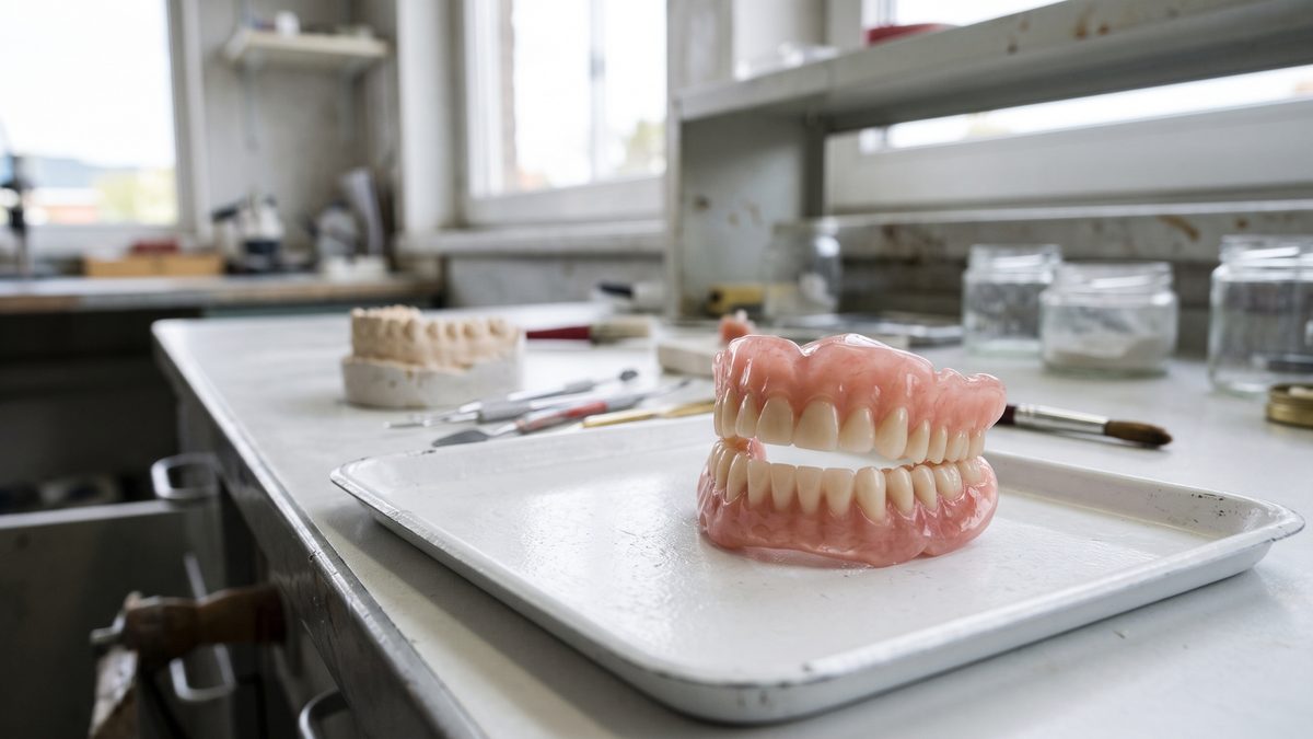Zubní protéza položená na pracovním stole v zubní laboratoři