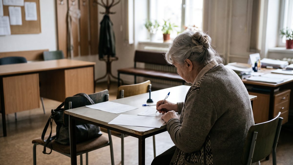 Starší žena vyplňuje formulář u stolu na úřadě