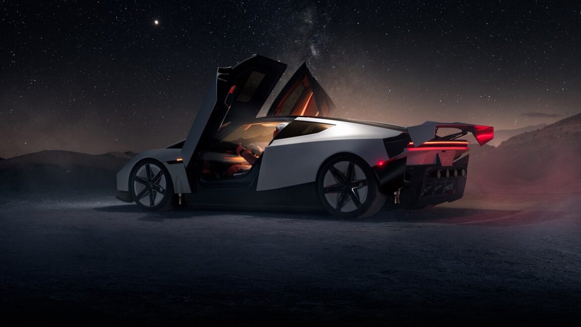Nový Tesla Roadster s otevřenými dveřmi v noční krajině