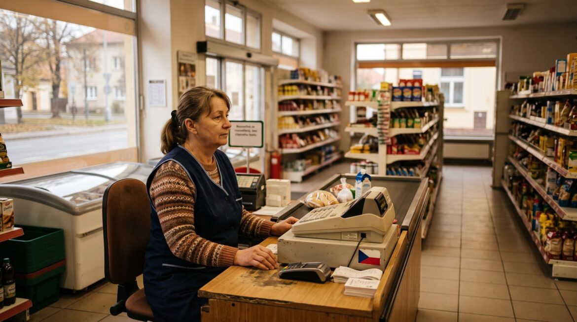 Pokladní za pultem malé samoobsluhy ve svátek, kdy je v obchodě skoro prázdno