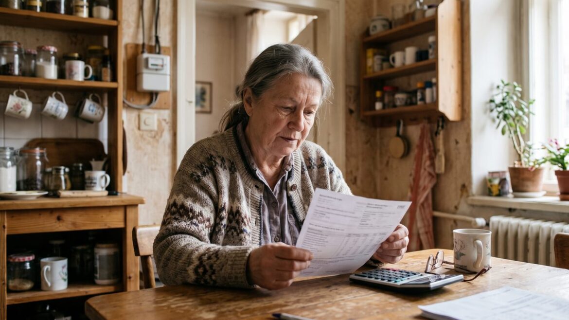 Starší žena kontroluje účet za elektřinu u kuchyňského stolu