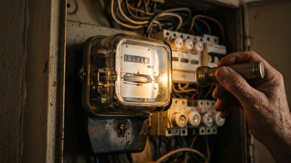 Starý elektroměr v domovní rozvodnici osvícený baterkou