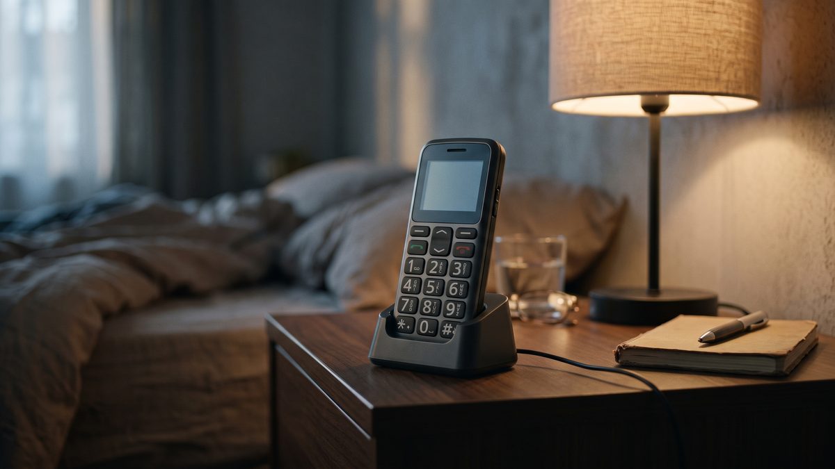 Tlačítkový telefon pro seniory v nabíjecím stojánku na stole