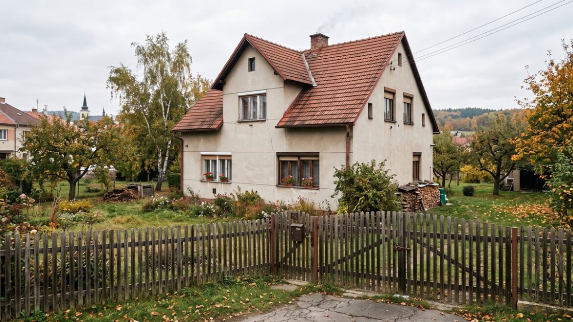 Rodinný dům se zahradou a dřevěným plotem na podzim