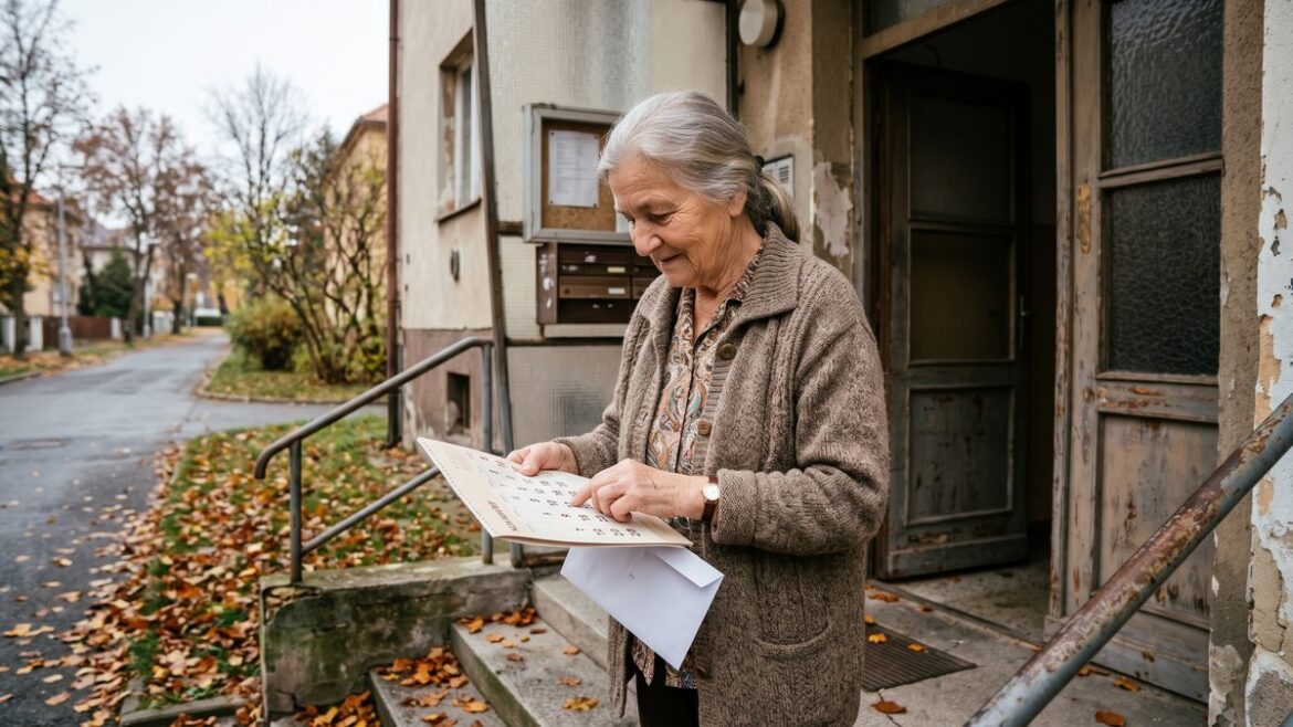 Seniorka s obálkou kontroluje kalendář výplat před domem