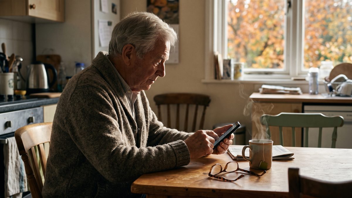Senior u kuchyňského stolu kontroluje účet v mobilu
