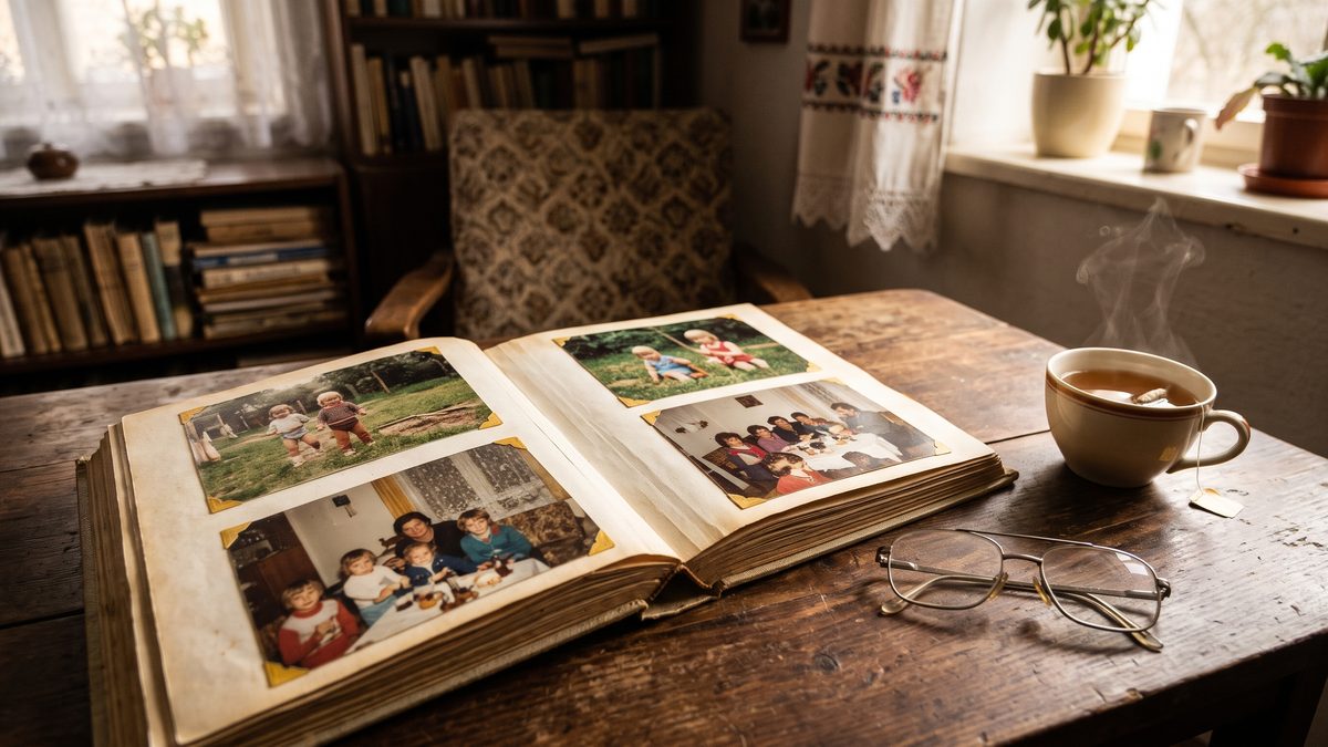 Otevřené rodinné fotoalbum se snímky dětí, brýle a šálek čaje na stole